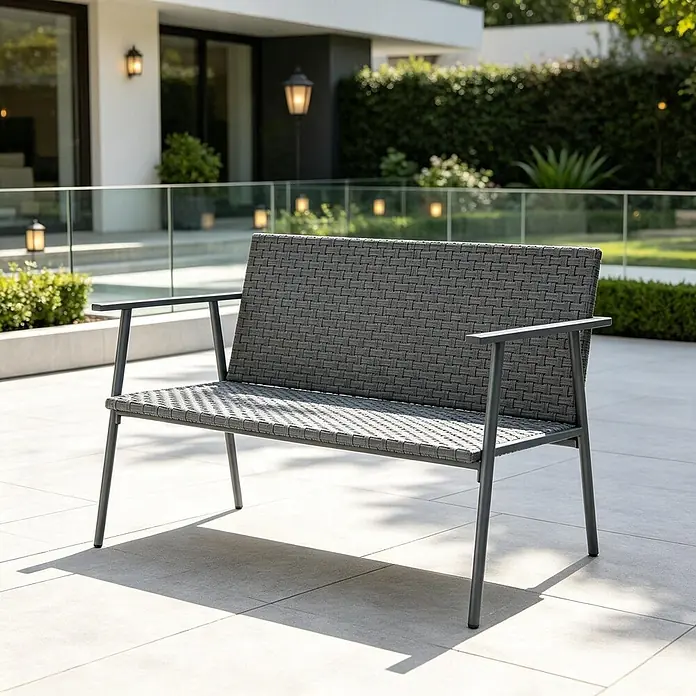 SONNENH Gartenbank 2-Sitzer 110 x 58 x 78 cm Grau aus Rattan -  - Graue, geflochtene Gartenbank mit Metallgestell für Terrassen und Gärten.