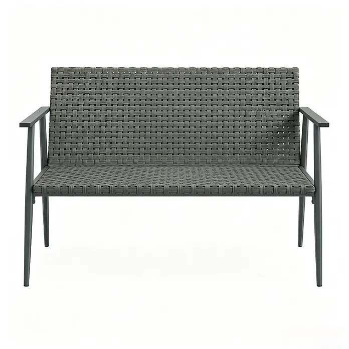 SONNENH Gartenbank 2-Sitzer 110 x 58 x 78 cm Grau aus Rattan -  - Graue geflochtene Gartenbank mit dunkelgrauem Metallgestell.