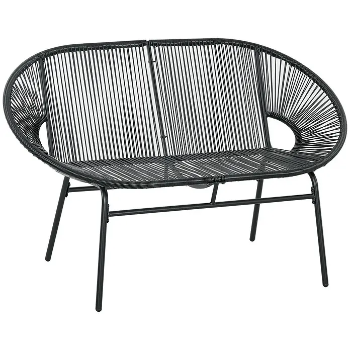 SONNENH Gartenbank 2-Sitzer 132 x 72 x 83 cm Schwarz aus Rattan -  - Schwarze Outdoor-Zweisitzerbank mit geschwungener geflochtener Seilfläche und schwarzem Metallgestell.