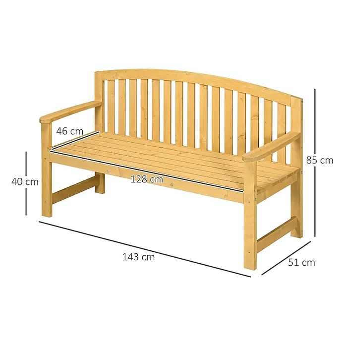 SONNENH Gartenbank 2-Sitzer 143 x 51 x 85 cm Orange aus Holz -  - Helle Holzgartenbank mit Lattenrost, Rückenlehne und Armlehnen, Maße angezeigt.