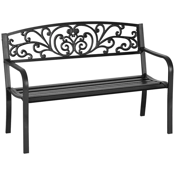 SONNENH Gartenbank 2-Sitzer 127 x 60 x 87 cm Schwarz aus Metall -  - Schwarze Metallgartenbank mit verzierter, geschwungener Rückenlehne und Lattenrostsitz.