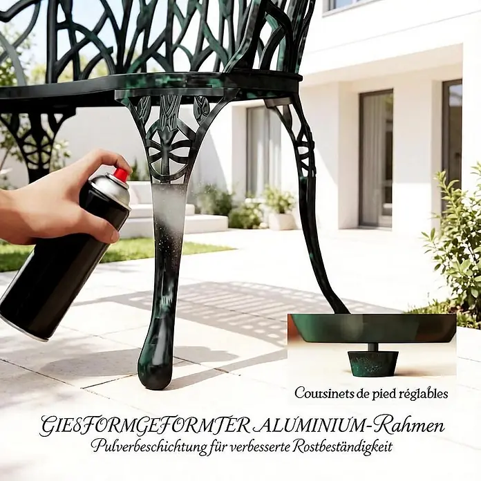 SONNENH Gartenbank 99 x 57 x 78 cm Grün aus Aluminium -  - Dunkelgrünes Aluminiumstuhlbein wird lackiert; hebt Pulverbeschichtung hervor. Einsatzbild zeigt verstellbare Fußpads.