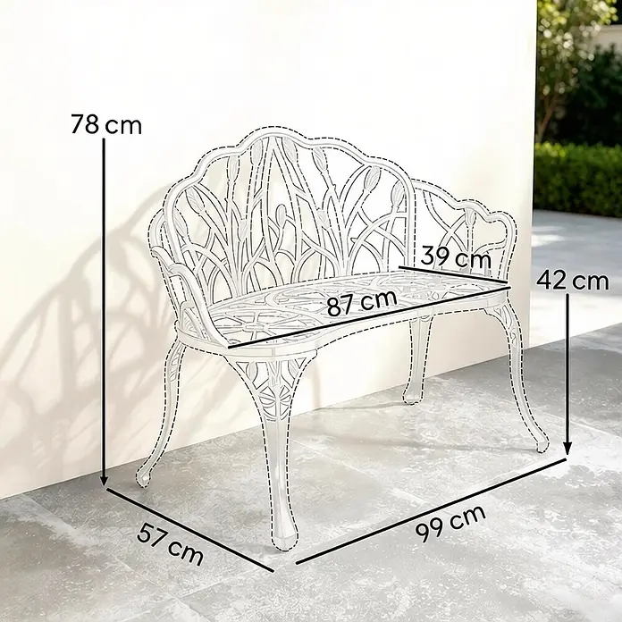 SONNENH Gartenbank 99 x 57 x 78 cm Grün aus Aluminium -  - Verzierte weiße Gartenbank aus Aluminiumguss mit Naturdesign, Maße: 78cm H, 99cm B, 57cm T. Sitz: 42cm H, 87cm B, 39cm T.