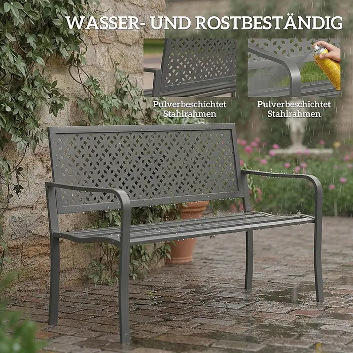 SONNENH Gartenbank 2-Sitzer 127 x 61 x 85 cm Dunkelgrau aus Stahl -  - Dunkelgraue pulverbeschichtete Metall-Gartenbank mit dekorativer Rückenlehne, draußen mit Wassertropfen.