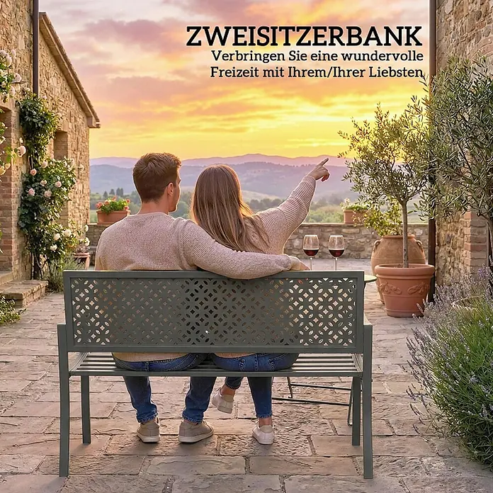 SONNENH Gartenbank 2-Sitzer 127 x 61 x 85 cm Dunkelgrau aus Stahl -  - Dunkelgraue Metall-Zweisitzer-Gartenbank mit dekorativer Rückenlehne, bequem für zwei Personen im Freien.