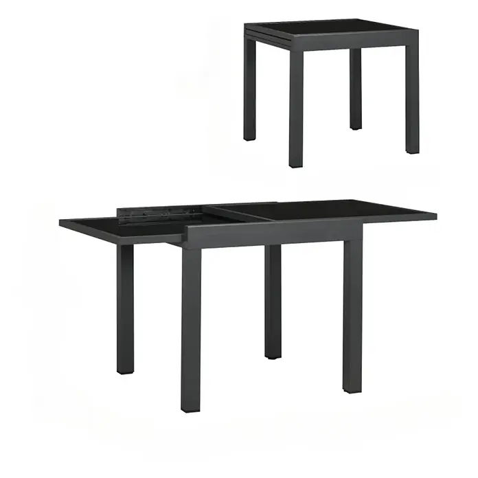 SONNENH Gartentisch ausziehbar 80 bis 160 cm mit Glasplatte -  - Dunkelgrauer ausziehbarer Tisch, kompakt und ausgefahren dargestellt, zeigt seinen Erweiterungsmechanismus.