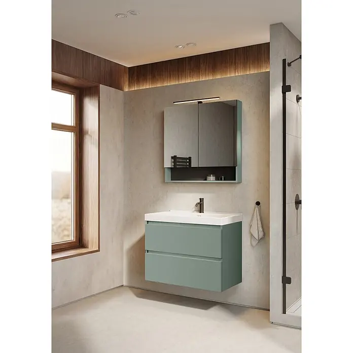 Inspira Aufsatzwaschbecken Moon/Lynn/Yasumi/Inspira - 81 x 46 cm, Weiß - Wandmontierter salbeigrüner Waschtisch mit weißem Waschbecken und Spiegelschrank.