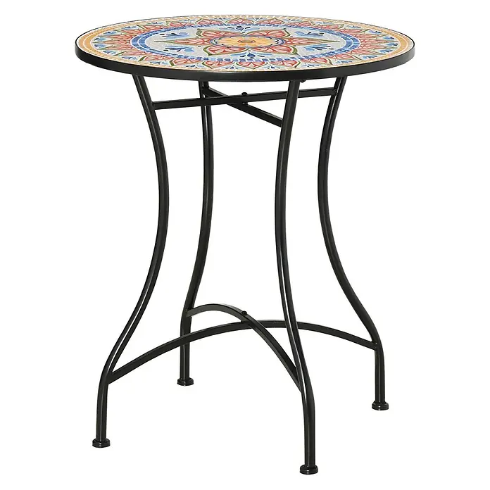 SONNENH Garten-Beistelltisch rund Metall Rot 60 cm -  - Runder Bistrotisch mit farbenfroher Mosaikfliesenplatte und schwarzem Metallgestell.