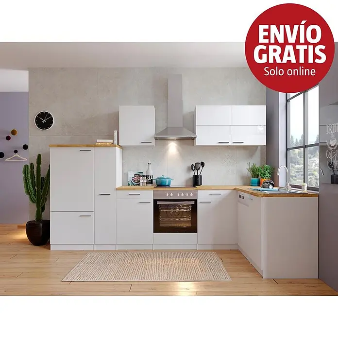 Respekta Cocina esquinera Malia bajo - An x Pr: 310 x 172 cm, Blanco, Con electrodomésticos - Cocina modular blanca en forma de L con encimeras de madera, horno, vitrocerámica, fregadero y lavavajillas integrados.