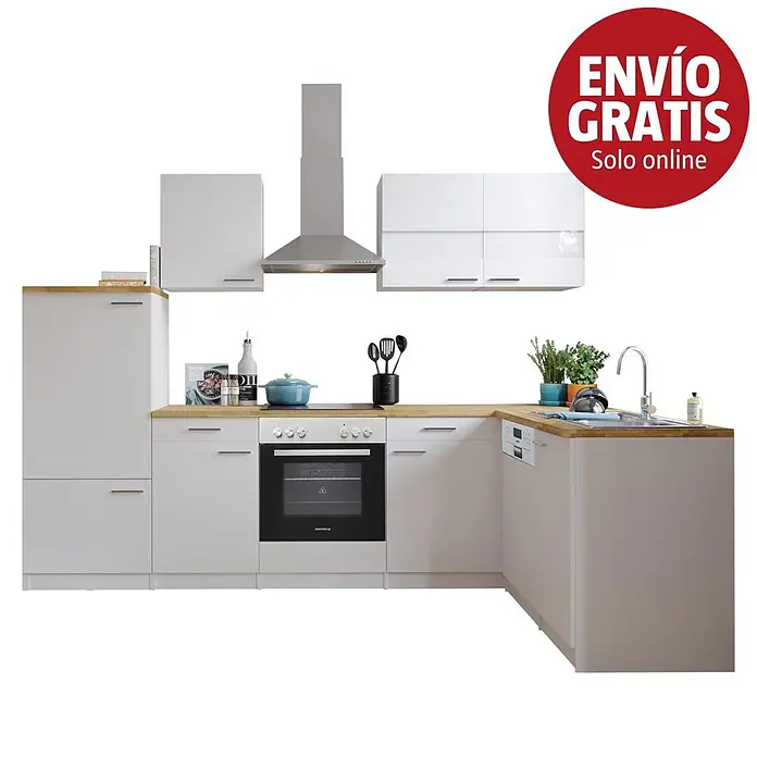 Respekta Cocina esquinera Malia - An x Pr x Al: 280 x 172 x 200 cm, Blanco, Con electrodomésticos - Cocina modular blanca en forma de L con encimeras efecto madera, horno integrado, placa, campana extractora, fregadero y lavavajillas.