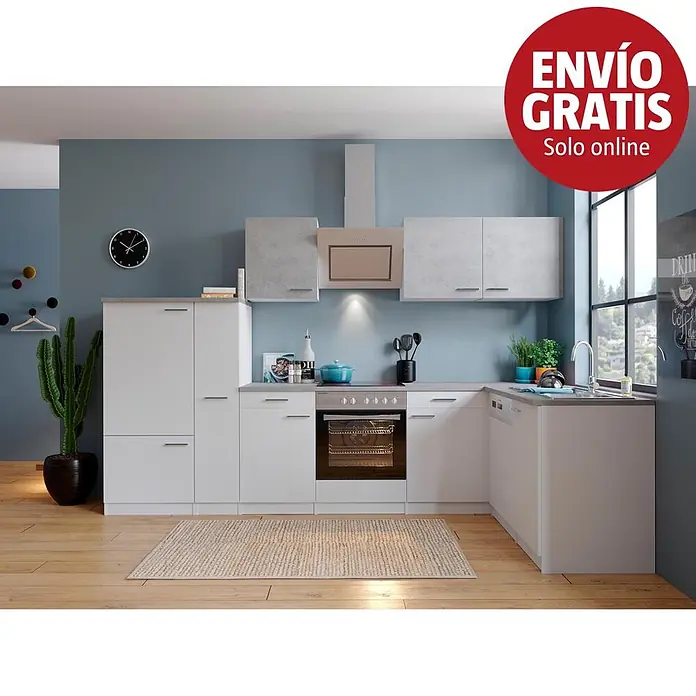 Respekta Cocina esquinera Malia bajo - An x Pr: 310 x 172 cm, Blanco, Gris, Con electrodomésticos - Cocina moderna con armarios blancos y grises, electrodomésticos integrados y pared azul. Incluye horno, placa, fregadero y almacenaje.