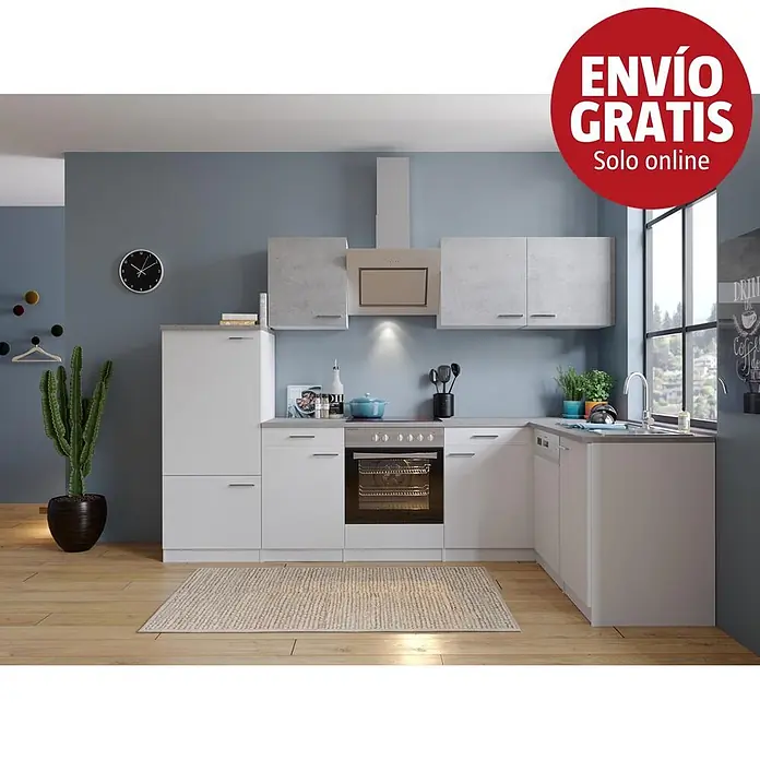 Respekta Cocina esquinera - An x Pr x Al: 280 x 172 x 200 cm, Blanco, Gris, Con electrodomésticos - Cocina moderna en L, blanca y gris, con horno, placa, fregadero y nevera integrados.