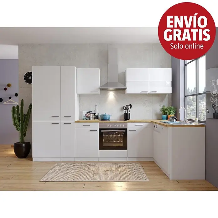 Respekta Cocina esquinera - An x Pr: 310 x 172 cm, Blanco, Con electrodomésticos - Cocina modular moderna en L con muebles blancos y encimera de madera clara, con electrodomésticos integrados en un espacio luminoso.