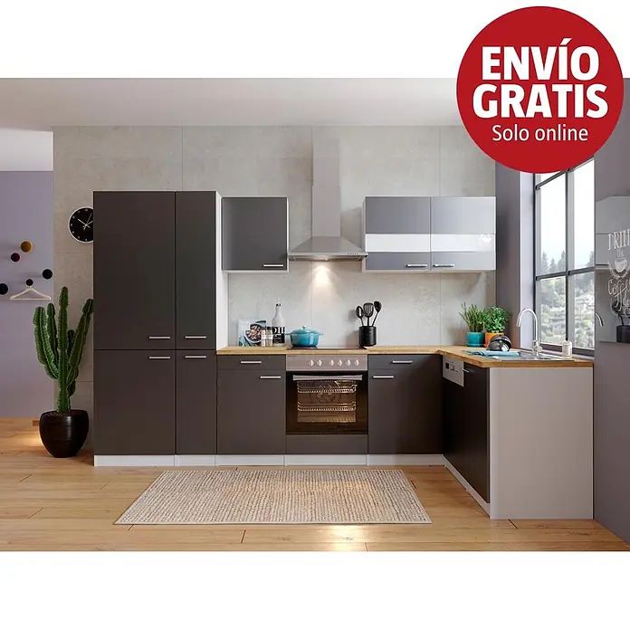Respekta Cocina esquinera - An x Pr: 310 x 172 cm, Gris, Con electrodomésticos - Cocina moderna en forma de L con muebles bajos gris oscuro, armarios superiores blancos y encimeras de madera clara.