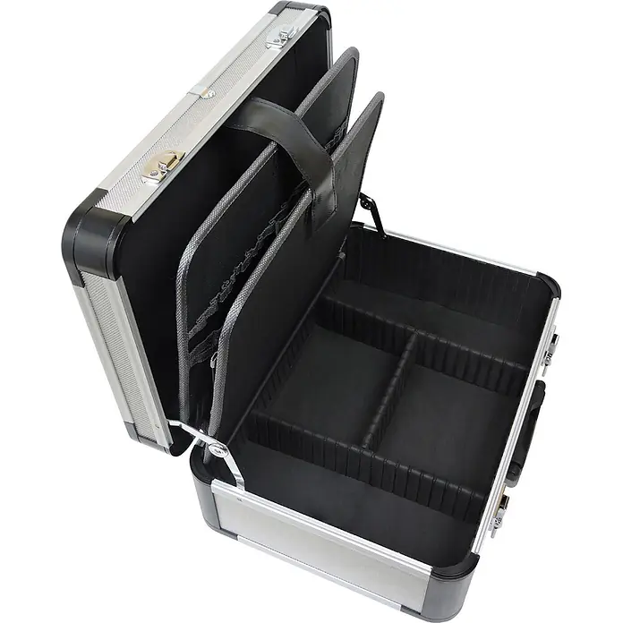 FAMEX 420-18 Werkzeugkoffer PRO bestückt mit Werkzeug 164-tlg. -  - Offener silberner Aluminiumkoffer mit schwarzem Interieur, mehreren Fächern, verstellbaren Trennwänden und Deckel-Organisatoren.