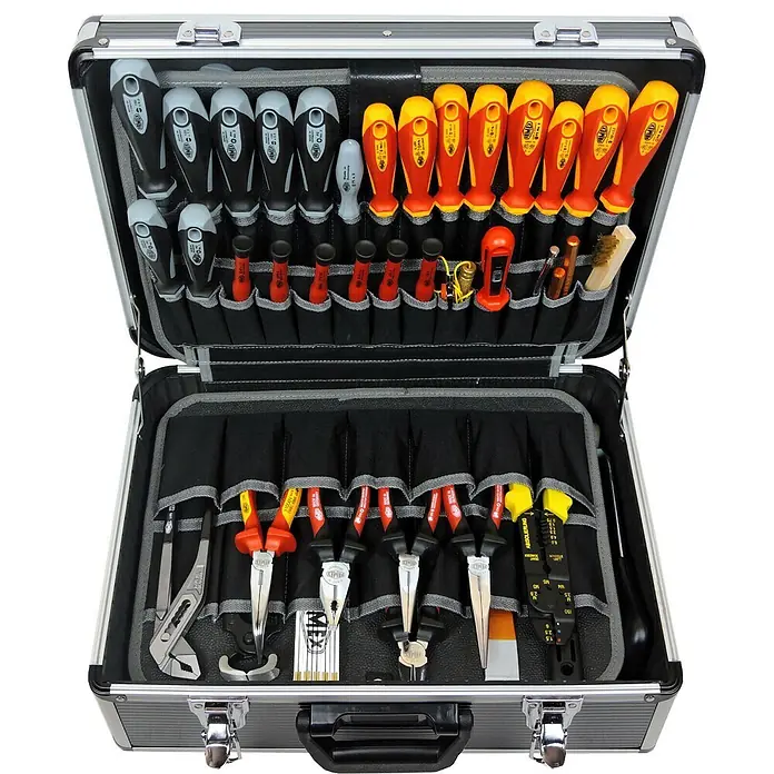 FAMEX 440-L Werkzeugkoffer leer, Kapazität 24kg, Werkzeugkiste, Werkzeugbox -  - Offener Aluminium-Werkzeugkoffer mit umfangreichem Satz organisierter Schraubendreher, Zangen und anderer Handwerkzeuge mit isolierten Griffen.