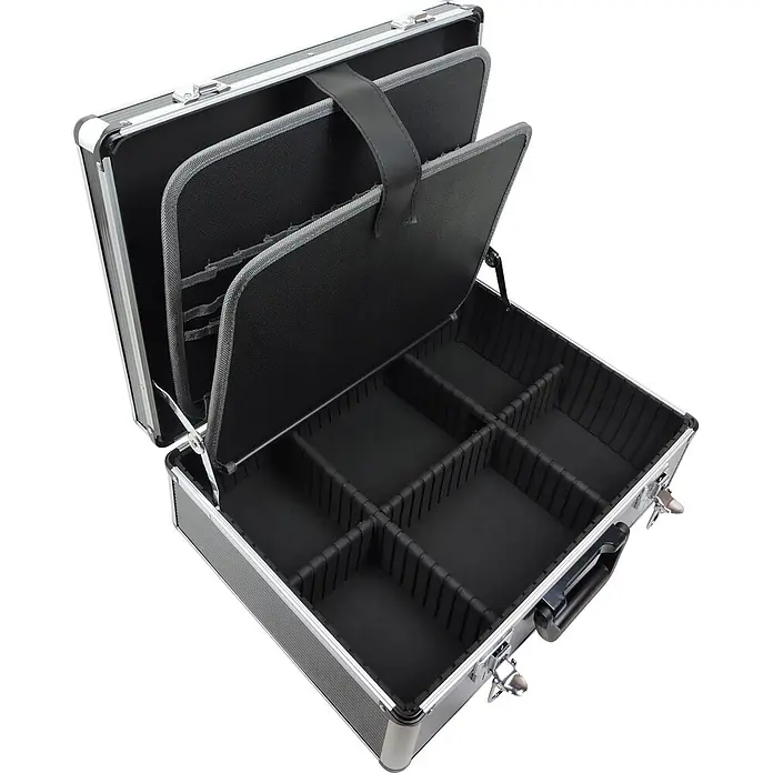 FAMEX 440-L Werkzeugkoffer leer, Kapazität 24kg, Werkzeugkiste, Werkzeugbox -  - Offener Aluminiumkoffer mit schwarzem Innenraum und anpassbaren Trennwänden, ideal für Werkzeuge oder Kosmetika.