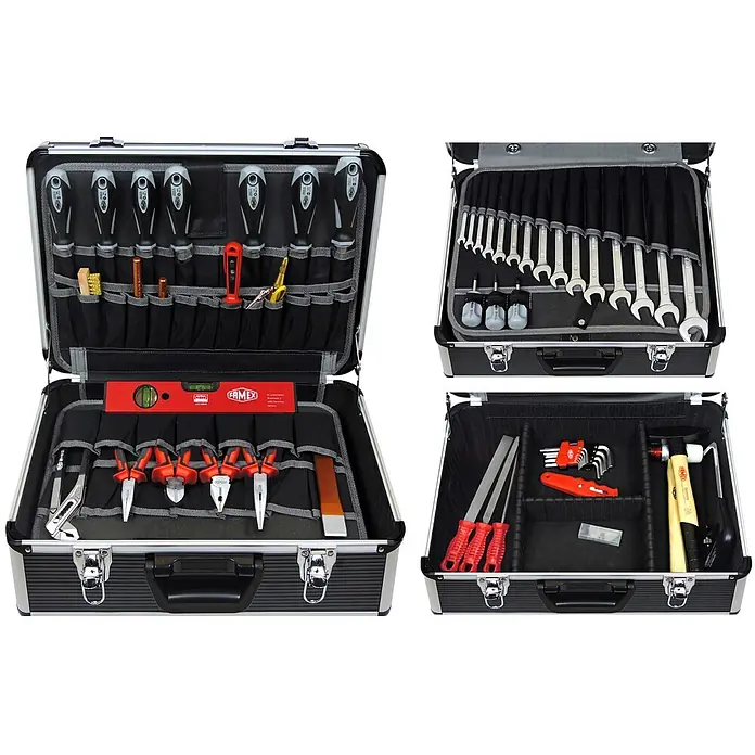 FAMEX 440-93 Werkzeugkoffer PRO bestückt mit Werkzeug 98-tlg. -  - Werkzeugkoffer aus Aluminium in Schwarz und Silber, geöffnet und gefüllt mit diversen Handwerkzeugen, übersichtlich organisiert.