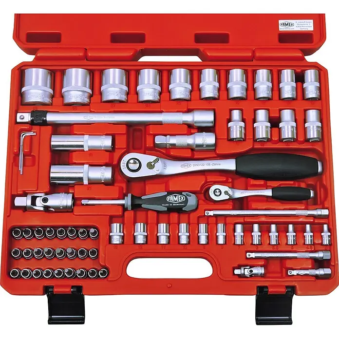 FAMEX 420-18 Werkzeugkoffer PRO bestückt mit Werkzeug 164-tlg. -  - Umfassender FAMEX Chrom-Vanadium-Steckschlüsselsatz in einem orangefarbenen Kunststoffkoffer mit Ratschen, Nüssen und Verlängerungen.
