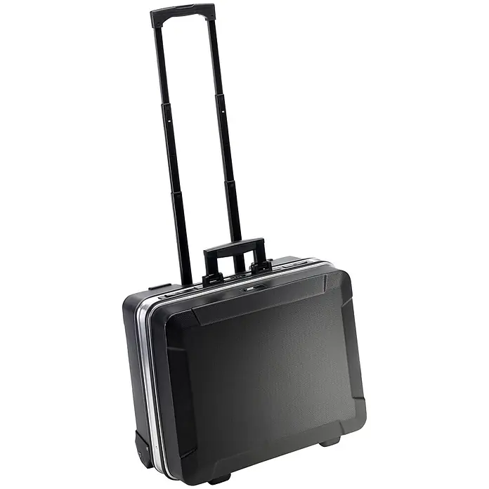 FAMEX 600-L Werkzeugkoffer/Trolley, mit Rollen und Teleskop-Griff -  - Schwarzer, strukturierter Rollkoffer mit silbernen Akzenten und ausgezogenem Teleskopgriff.