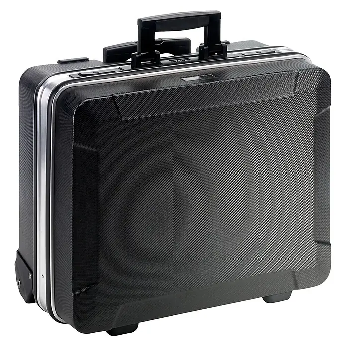 FAMEX 600-L Werkzeugkoffer/Trolley, mit Rollen und Teleskop-Griff -  - Schwarze, strukturierte Rollkoffer-Aktentasche aus Hartschale mit silbernem Rand und ausziehbarem Griff.