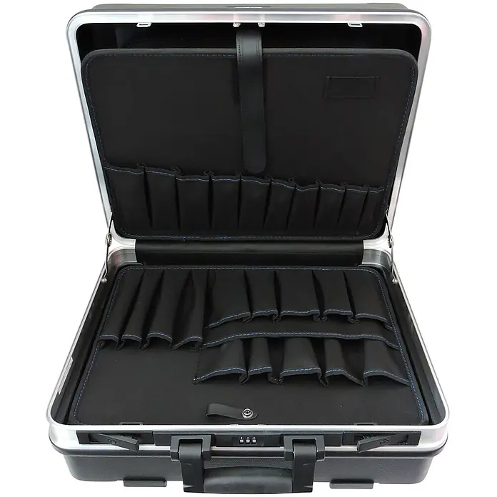 FAMEX 600-L Werkzeugkoffer/Trolley, mit Rollen und Teleskop-Griff -  - Offener schwarzer Aktenkoffer mit silbernem Rand, mehreren Innentaschen für Werkzeuge und Zahlenschloss.