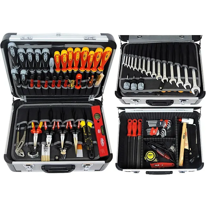 FAMEX 418-88 Werkzeugkoffer PRO bestückt mit Werkzeug 128-tlg. -  - Ein offener, mehrteiliger Werkzeugkoffer, gefüllt mit einem umfassenden Satz verschiedener Handwerkzeuge wie Schraubendreher, Schraubenschlüssel und Zangen für den professionellen Einsatz.