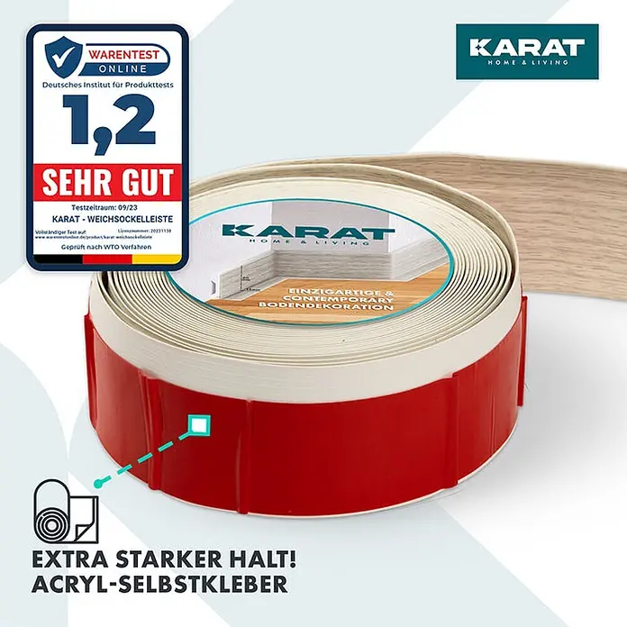 Floordirekt Selbstklebende Sockelleiste Oslo Eiche 10 m -  - Karat Weichsockelleistenrolle, helle Holzoptik, mit starkem rotem Acryl-Selbstkleber für Bodendeko. "Sehr Gut" bewertet.