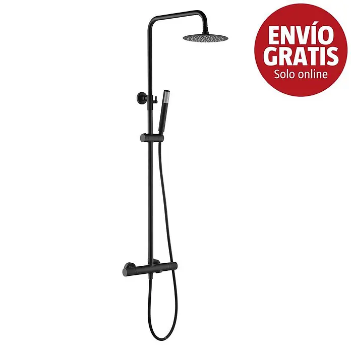 Imex Line Sistema de ducha - Con grifo termostático, Negro - Columna de ducha negra mate con rociador redondo y ducha de mano. Grifería de baño moderna.