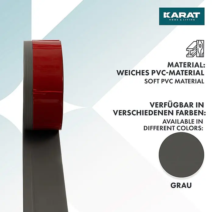 Floordirekt Selbstklebende Sockelleiste Oslo Grau 25 m -  - Rolle aus weichem PVC-Material, die sich zu einem grauen Profilstreifen abrollt.