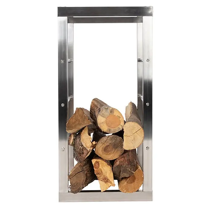 Floordirekt Kaminholzregal Chios Silber für Innen und Außen 40 x 25 x 80 cm -  - Feuerholzregal aus Edelstahl, teilweise mit Holzscheiten gefüllt.
