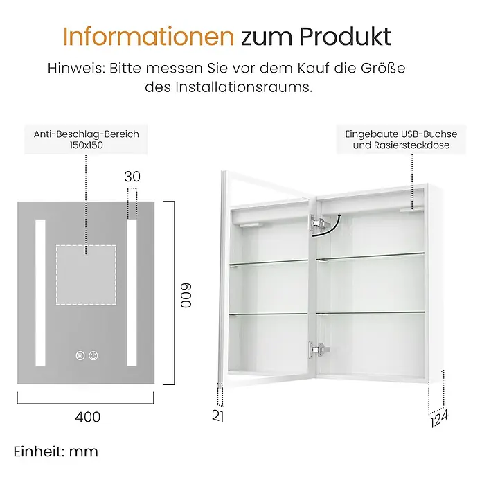 EMKE LED-Spiegelschrank Lunia -  - Weißer Badezimmerspiegelschrank mit LED-Beleuchtung, Antibeschlagfunktion und integrierter USB-/Rasiersteckdose.