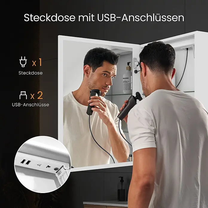 EMKE LED-Spiegelschrank Lunia -  - Weißer Spiegelschrank mit integrierter Steckdose und 2 USB-Anschlüssen, ein Mann rasiert sich davor.