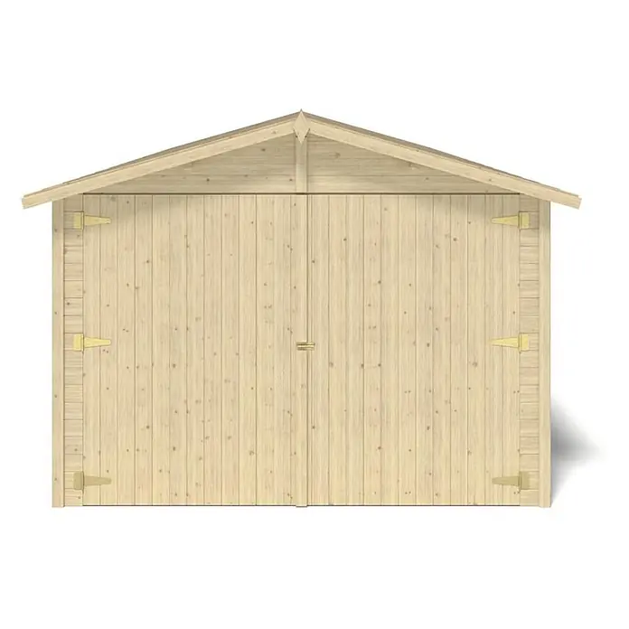Autogarage aus Holz - 18.19m2 - 3.05x5.91m - 18mm -  - Heller Holzschuppen mit Doppeltüren und Satteldach.