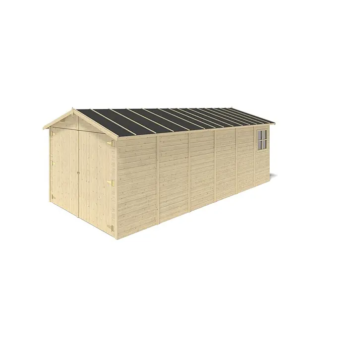 Autogarage aus Holz - 18.19m2 - 3.05x5.91m - 18mm -  - Langer heller Holzschuppen mit Doppeltüren, schwarzem Dach und kleinem Fenster.