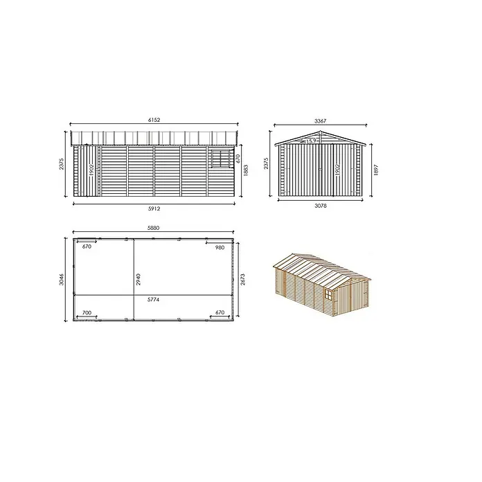Autogarage aus Holz - 18.19m2 - 3.05x5.91m - 18mm -  - Holzgartenhaus mit technischem Überblick und detaillierten Maßzeichnungen für Montage und Planung.