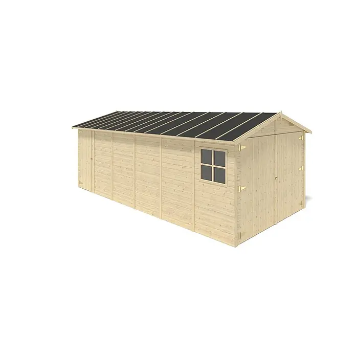 Autogarage aus Holz - 18.19m2 - 3.05x5.91m - 18mm -  - Langes helles Holzgartenhaus mit schwarzem Dach und Fenster, geeignet als Lager oder Garage.
