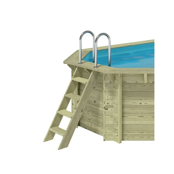 Holzpool NEMO 5.79 x 3.49 - H.1.45 m, Liegefläche, sandfarben, verschraubt -  - Hölzernes Aufstellschwimmbecken mit Leiter und blauem Wasser.