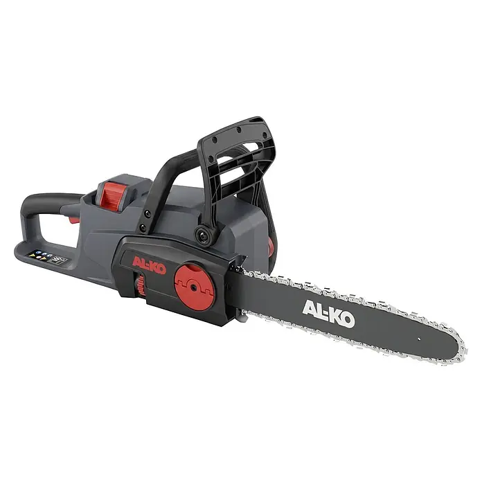 AL-KO Akku-Kettensägen-Set CST 3635 - 36 V, 4 Ah - 2 Ah, Anzahl Akkus: 1 Akku, Schwertlänge: 35 cm - Graue und schwarze AL-KO Kettensäge mit roten Akzenten und silberner Kette, bereit zum Schneiden.