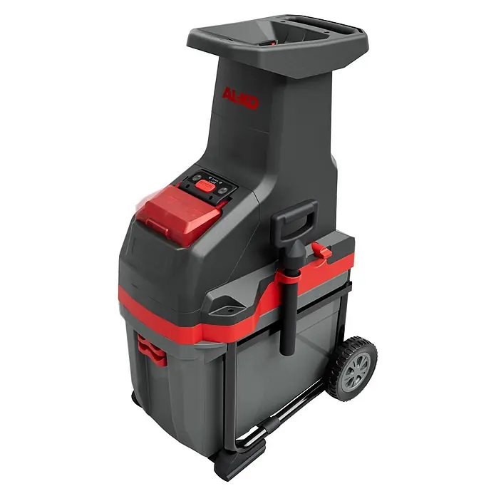 AL-KO Akku-Häcksler LH 3670 Li - Max. Aststärke: 42 mm - Grauer und roter AL-KO Gartenhäcksler mit Rädern und Bedienfeld.