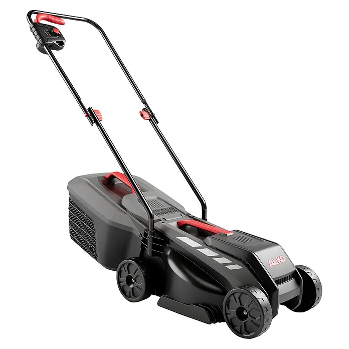 AL-KO Elektro-Rasenmäher 3.37 E - 1.200 W, Schnittbreite: 33 mm, Max. Flächenempfehlung: 250 m² - Schwarz-grauer AL-KO Rasenmäher mit roten Akzenten und großen Rädern, aus erhöhter Seitenansicht.