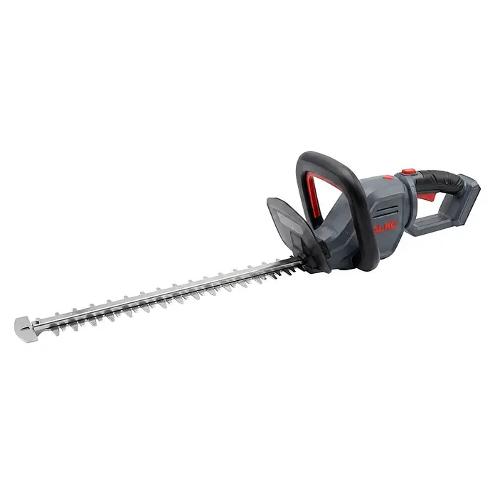 AL-KO Akku-Heckenschere HTT 3660 - 36 V, Li-Ionen, 1 Akku, Schnittlänge: 60 cm - Graue und rote Akku-Heckenschere mit langer silberner Metallklinge.
