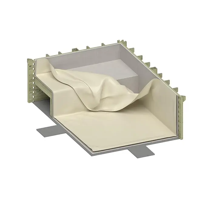 Holzpool NEMO 5.79 x 3.49 - H.1.45 m, Liegefläche, sandfarben, verschraubt -  - Flexible, beige Teichfolie wird in einen Holzrahmen eingesetzt, um eine wasserdichte Schicht zu bilden.
