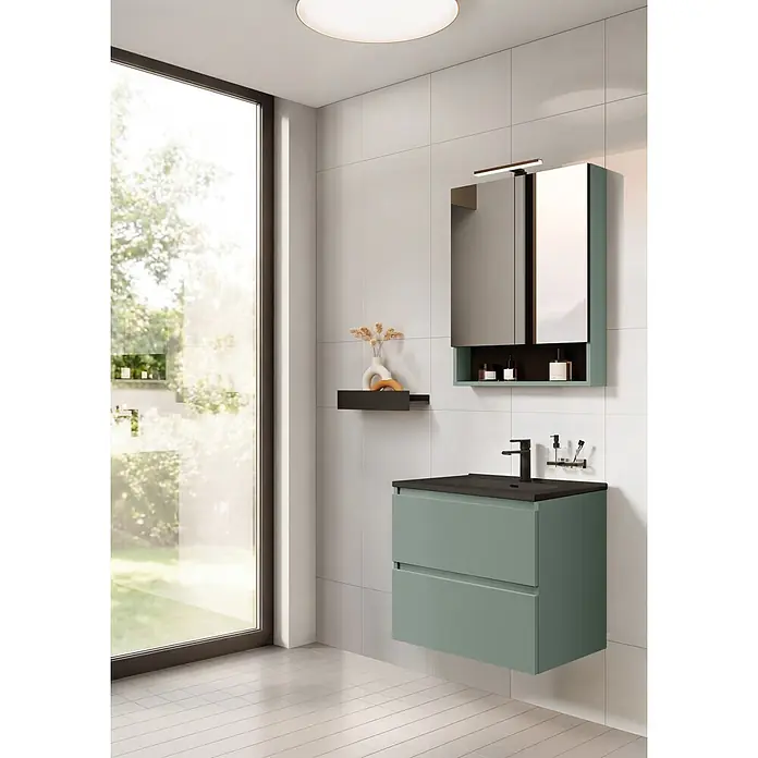 Riva Moon Einbauwaschbecken - 60 x 46 cm, Hahnloch: Mitte, Mit Überlauf, Schwarz - Moderner grüner Waschtisch mit dunklem Waschbecken und Spiegelschrank.
