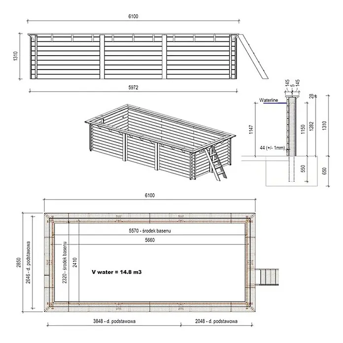 Holzpool AQUA 6.1 x 2.85 - H.1.31 m, hellblau, verschraubt -  - Detaillierte technische Zeichnung eines rechteckigen Holzschwimmbeckens mit Maßen und Wasserinhalt.