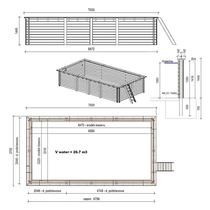 Holzpool AQUA 7 x 3.75 - H.1.45 m, sandfarben, verschraubt -  - Technisches Zeichnung eines Holzschwimmbeckens mit Außen- und Innenmaßen, Querschnitt mit Wasserlinie und einem Wasservolumen von 26,7 m³.