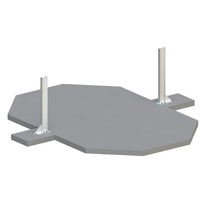 Holzpool NEMO 5.79 x 3.49 - H.1.45 m, Liegefläche, sandfarben, verschraubt -  - Graue Betonbasis mit zwei hellgrauen Metallpfosten, sicher verschraubt zur strukturellen Unterstützung.