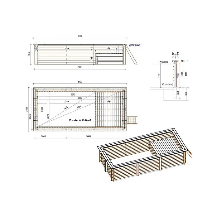 Holzpool AQUA 6.1 x 2.85 - H.1.31 m, Liegefläche, hellblau, verschraubt -  - Rechteckiger Holzschwimmbecken mit technischen Plänen und Maßen.