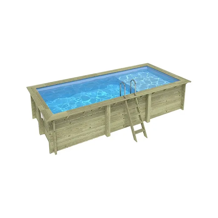 Holzpool AQUA 6.1 x 2.85 - H.1.31 m, Liegefläche, hellblau, verschraubt -  - Rechteckiger oberirdischer Holzpool mit blauem Wasser, Außenleiter und internen Metallhandläufen.