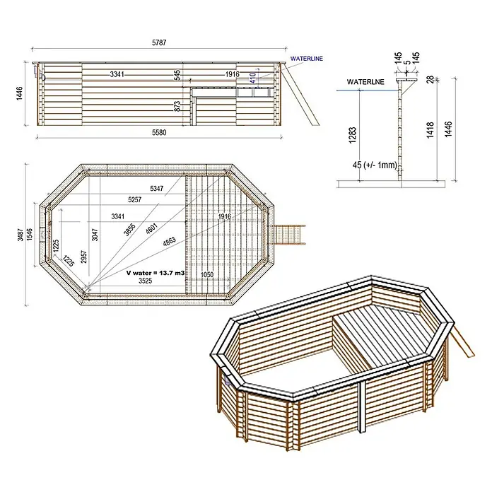 Holzpool NEMO 5.79 x 3.49 - H.1.45 m, Liegefläche, sandfarben, verschraubt -  - Achtseitiger Holzpool mit Maßen und Wasservolumen von 13,7 m³.